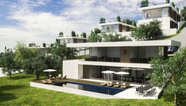 Konzeptzeichnung einer Villa mit Swimmingpool und Garten - Grundstück kaufen Kroatien.