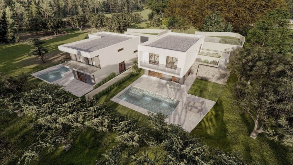 Konzeptzeichnung der Villa aus der Luft mit Sicht auf das Haus und Grundstück - Haus kaufen Kroatien.