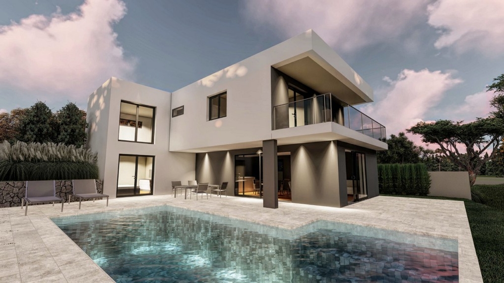 Konzeptzeichnung mit Sicht auf den Swimmingpool, Terrasse und Rückseite des Hauses in Mittel Dalmatien.