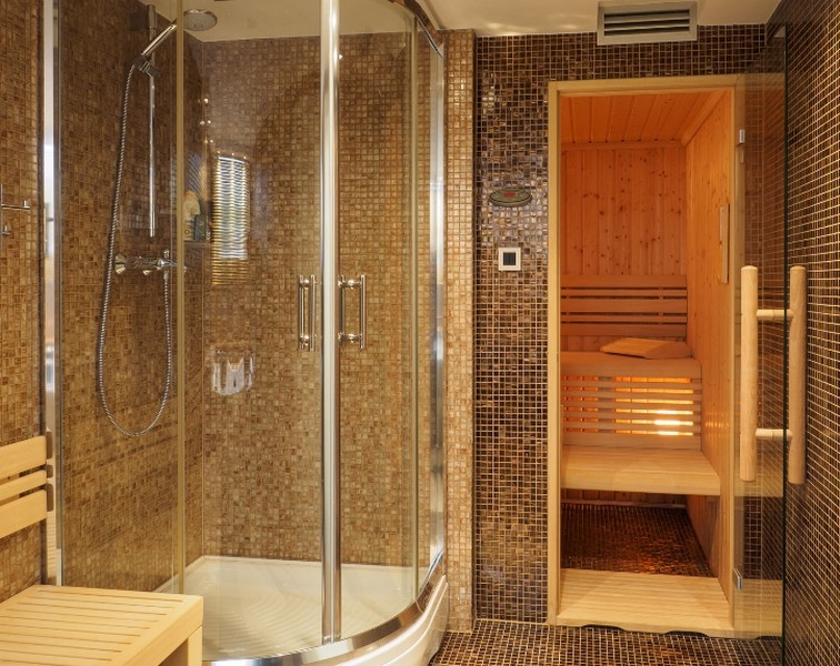Wellnessbereich mit schöner Sauna und Dusche