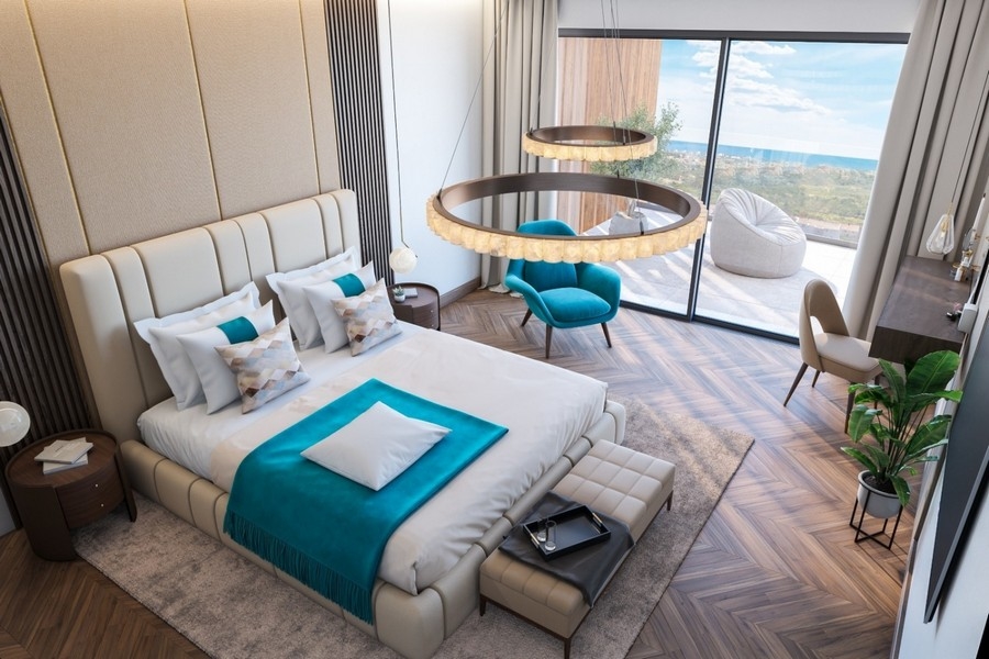 Luxuriöses Schlafzimmer mit Blick auf das istrische Meer.