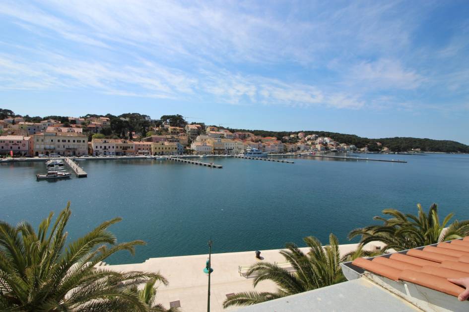 Der Blick auf Meer und Uferpromenade von der Villa zum Verkauf auf Losinj. Immobilien am Meer - Panorama Scouting
