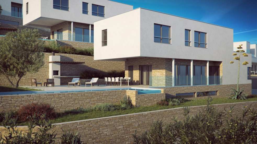 Die moderne neue Villa mit Pool und Meerblick in Kroatien in der Frontansicht