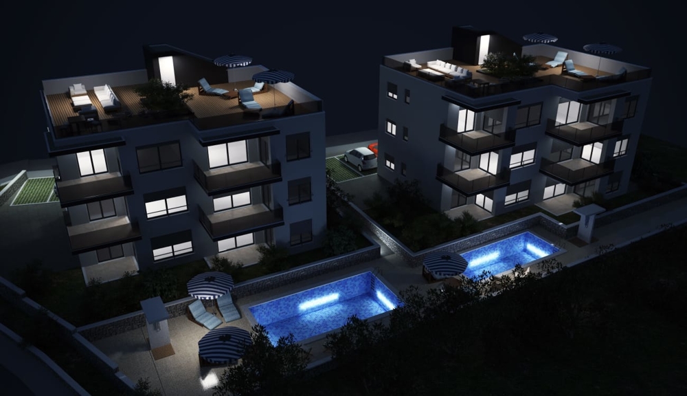 Neue Wohnungen - 3D Visualisierung bei Nacht.