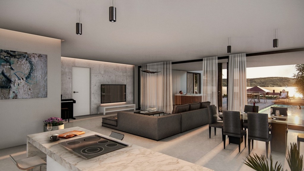 3D-Visualisierung des Wohnzimmers des Appartements A3017, das bei Zadar in Kroatien zum Verkauf steht.
