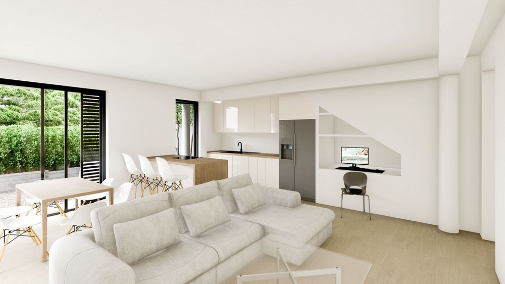 Wohn- und Essbereich in einer Immobilie in Kroatien mit minimalistischer Dekoration und Terrassenzugang.