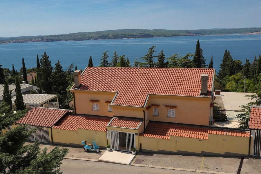 Luftansicht einer Immobilie in Kroatien mit Meerblick und umgeben von Bäumen
