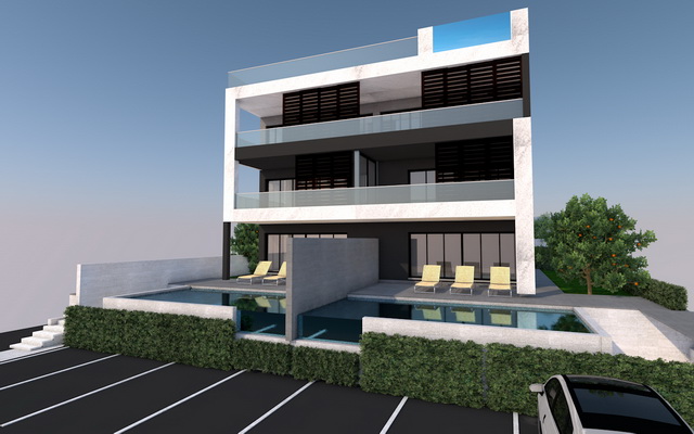 Frontansicht der Wohnungen mit Garten und Swimmingpool, zum Verkauf in Kroatien.